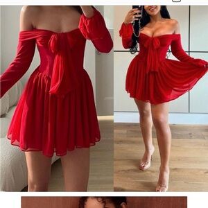 House of CB Alana Scarlet Red Off the Shoulder Bow Mini Dress